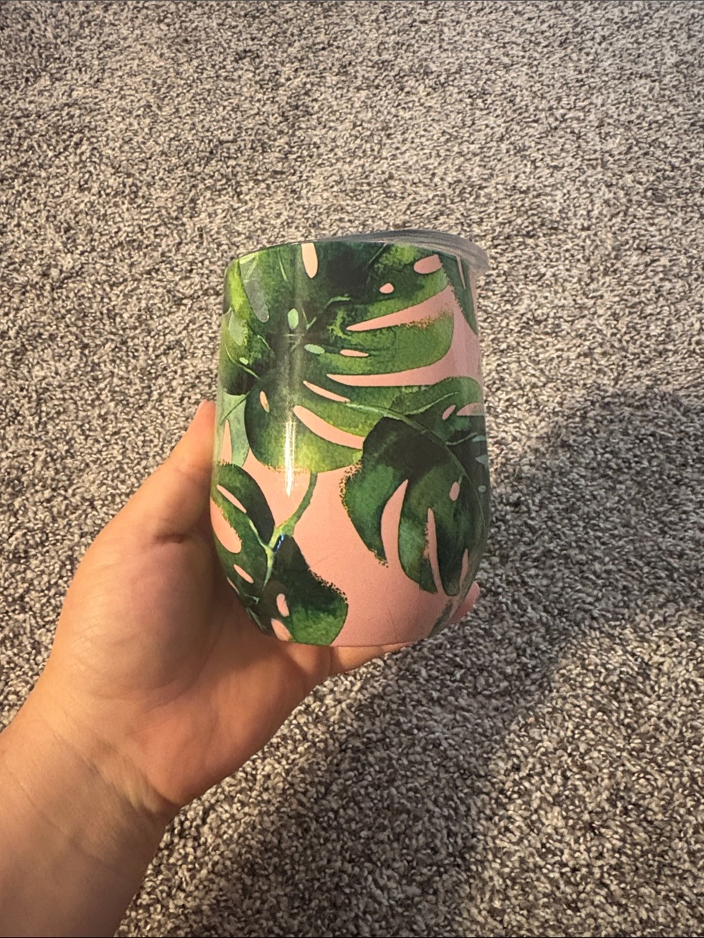 Buddy Love Pink Tumbler with Green Tropical Leaf Design